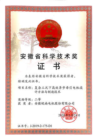 2019年安徽省科技進步二等(děng)獎:皖(wǎn)南電機:“複(fù)雜(zá)工況下(xià)高效(xiào)異步牽引電機設計方法與製造技術” 2019年安徽省科技進步二等獎(jiǎng):好色先生视频污電機:“複雜工況下高效異步牽引電機設計方法與製造技術(shù)”